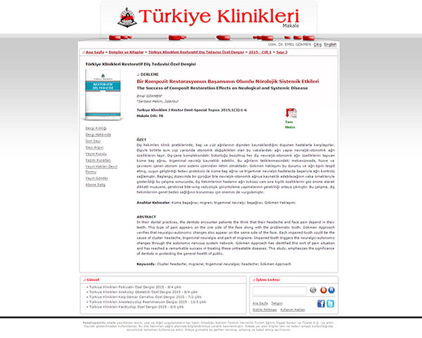 Link between headache and teeth, Turkey Clinics article, Dr. Emel Gokmen